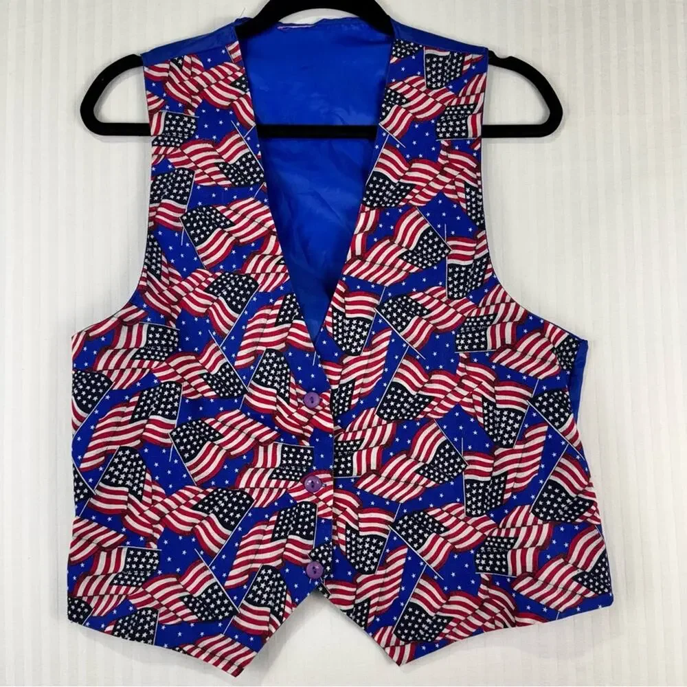Vintage Color Trend American Flag Print Vest USA Patriotic July 4 Festive Small